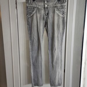 Women’s Gray Straight-Leg Jeans with Embellished Pockets medium stretch fabric